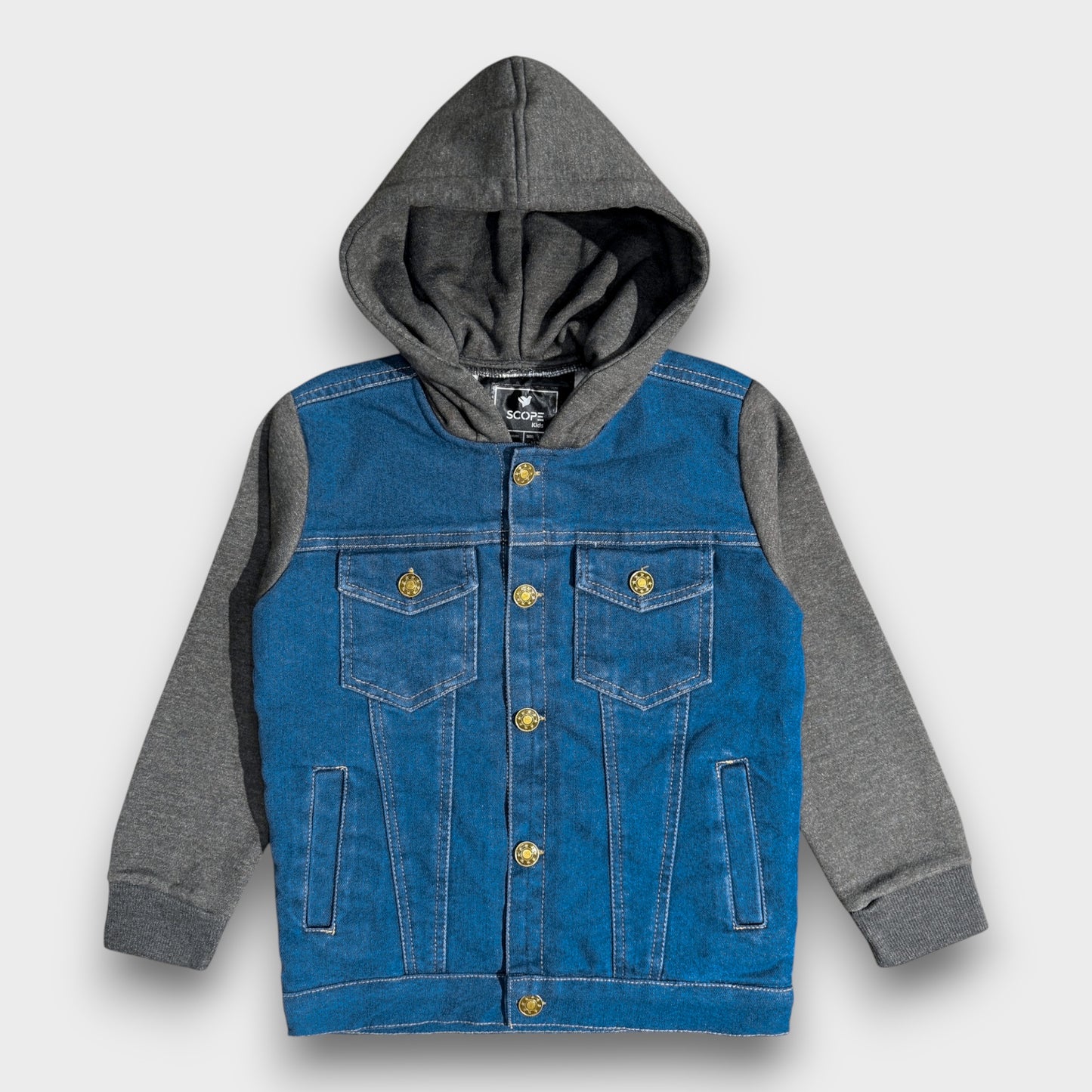 Denim Jacket with Fleece Sleeves & Hood (Fur Lined)-Charcoal|Medium Wash
