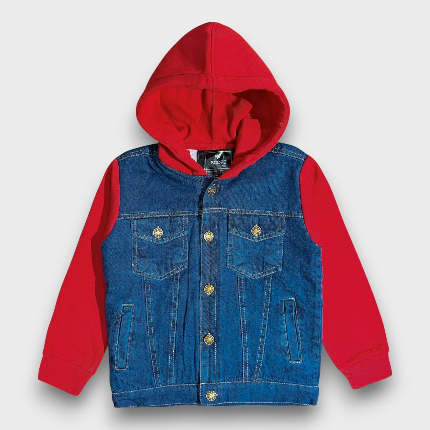 Denim Jacket with Fleece Sleeves & Hood (Fur Lined)-Red|Medium Wash