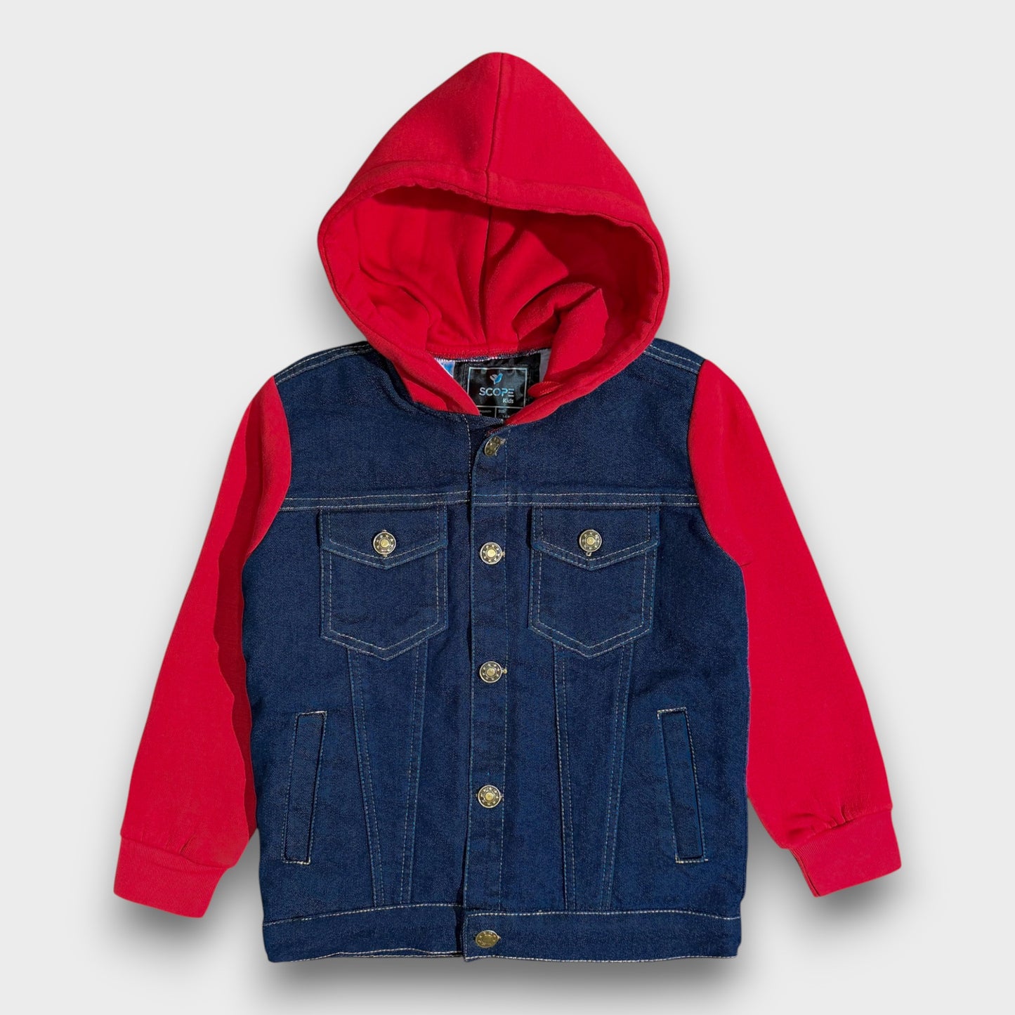Denim Jacket with Fleece Sleeves & Hood (Fur Lined)-Red|Dark Wash