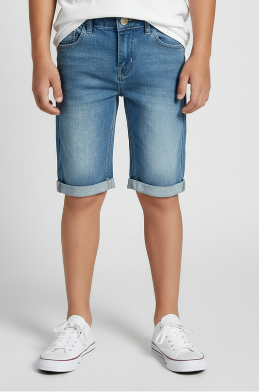 Mid Blue 3 Qtr Denim Shorts