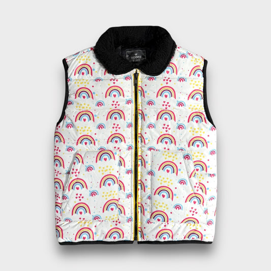 Rainbow Sleeveless Puffer Jacket with Fur on Collar