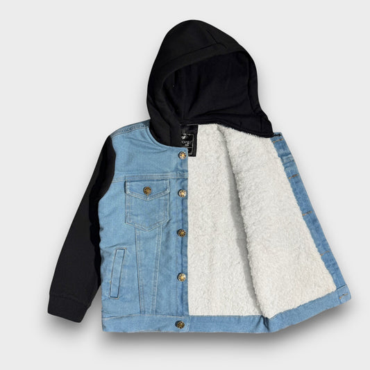 Denim Jacket with Fleece Sleeves & Hood (Fur Lined)-Black|Light Wash