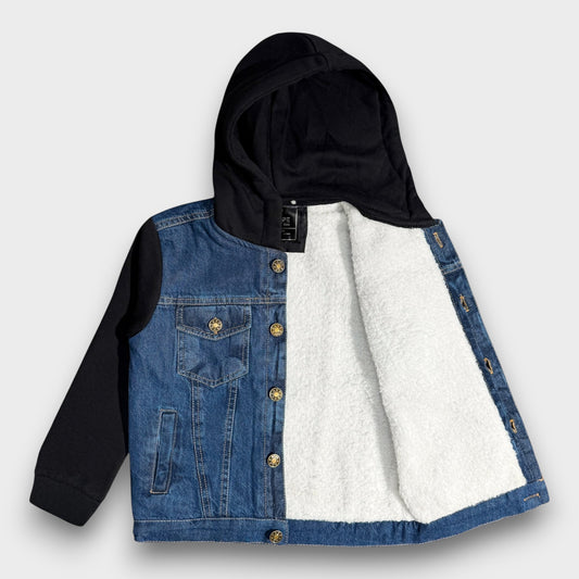 Denim Jacket with Fleece Sleeves & Hood (Fur Lined)-Black|Medium Wash