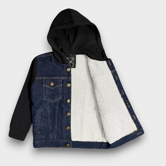 Denim Jacket with Fleece Sleeves & Hood (Fur Lined)-Black|Dark Wash
