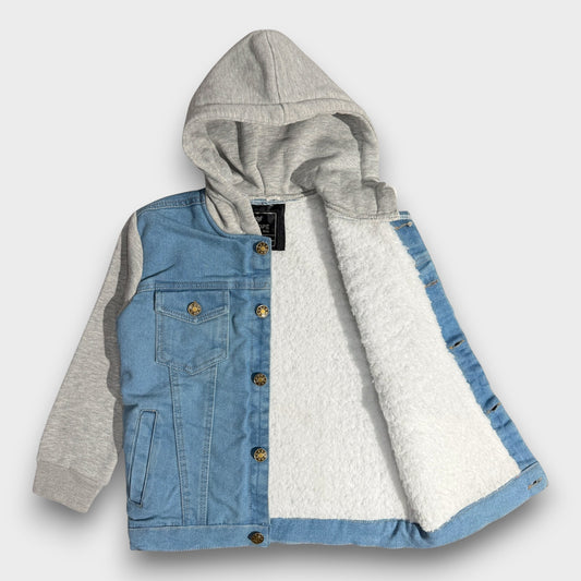 Denim Jacket with Fleece Sleeves & Hood (Fur Lined)-Grey|Light Wash