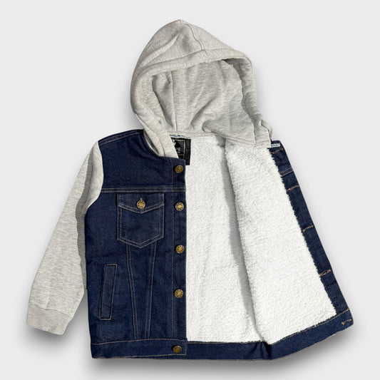 Denim Jacket with Fleece Sleeves & Hood (Fur Lined)-Grey|Dark Wash