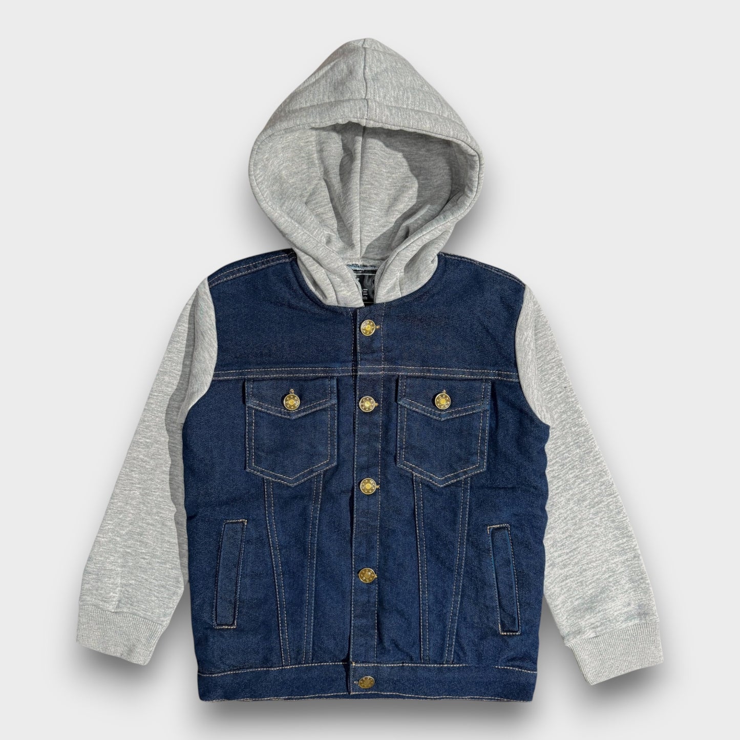 Denim Jacket with Fleece Sleeves & Hood (Fur Lined)-Grey|Dark Wash