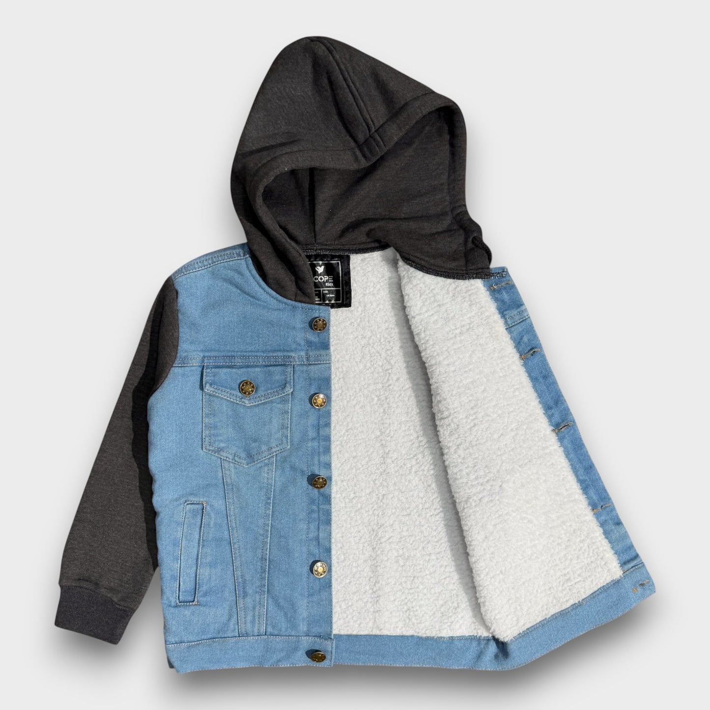 Denim Jacket with Fleece Sleeves & Hood (Fur Lined)-Charcoal|Light Wash
