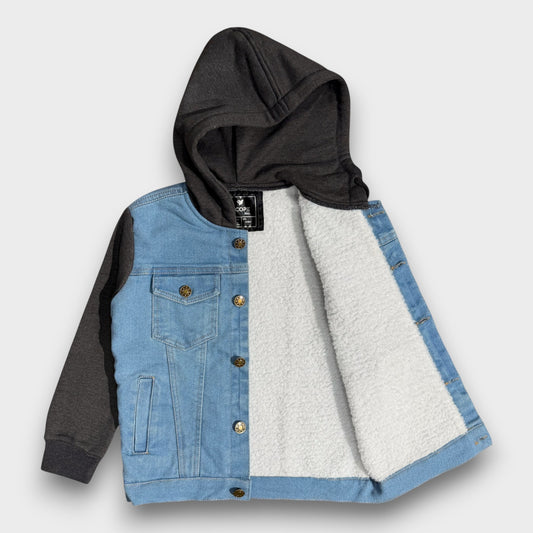 Denim Jacket with Fleece Sleeves & Hood (Fur Lined)-Charcoal|Light Wash