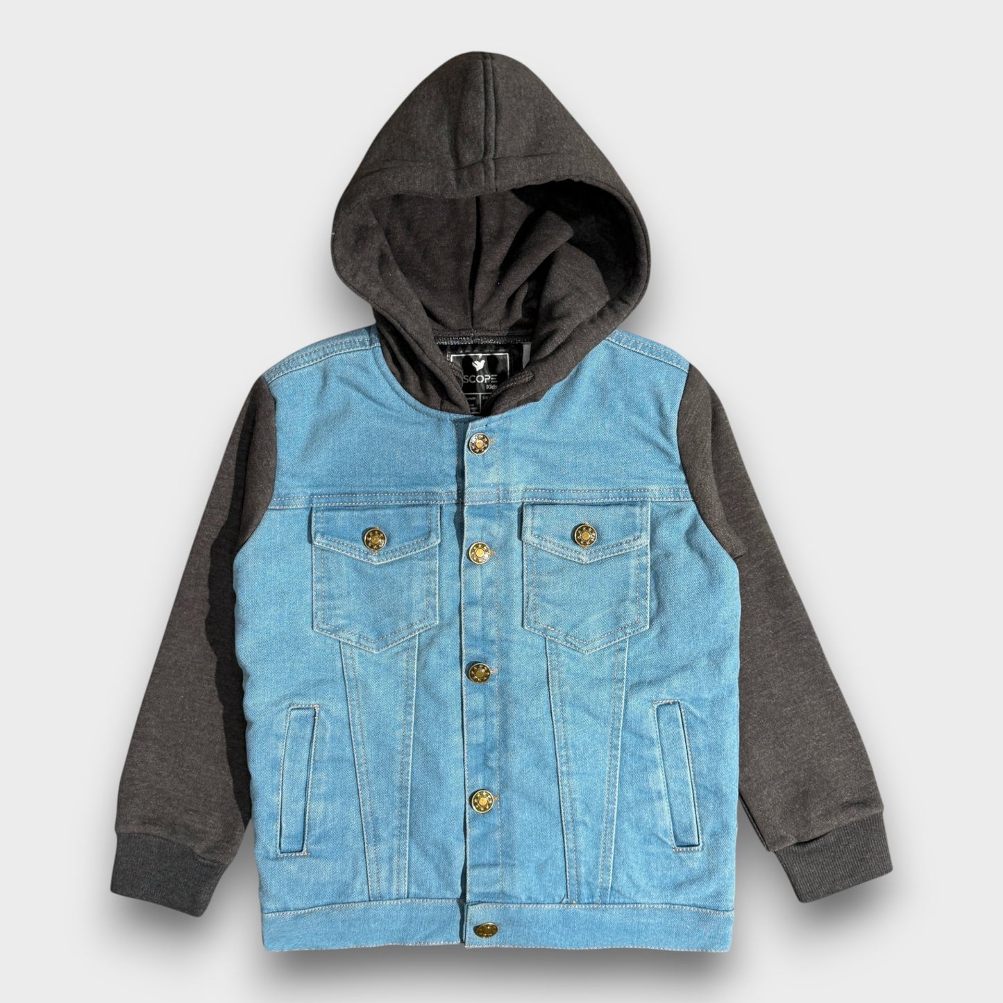Denim Jacket with Fleece Sleeves & Hood (Fur Lined)-Charcoal|Light Wash