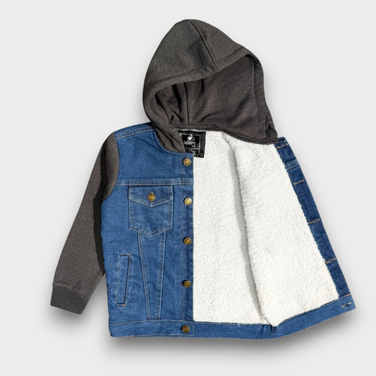 Denim Jacket with Fleece Sleeves & Hood (Fur Lined)-Charcoal|Medium Wash