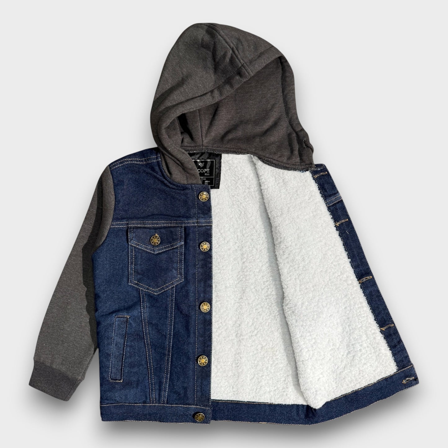 Denim Jacket with Fleece Sleeves & Hood (Fur Lined)-Charcoal|Dark Wash