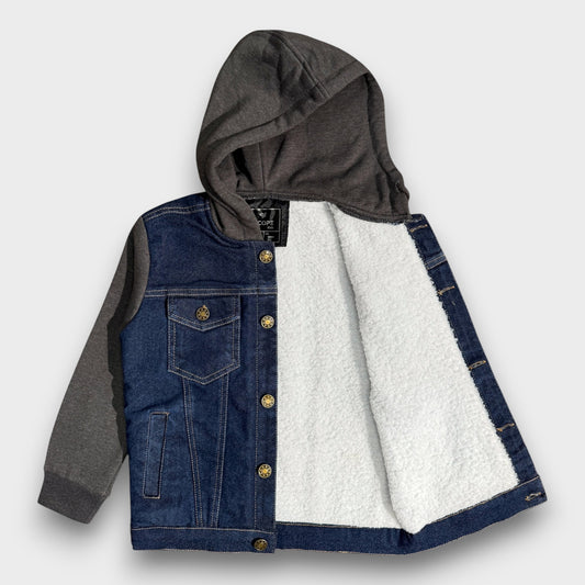 Denim Jacket with Fleece Sleeves & Hood (Fur Lined)-Charcoal|Dark Wash