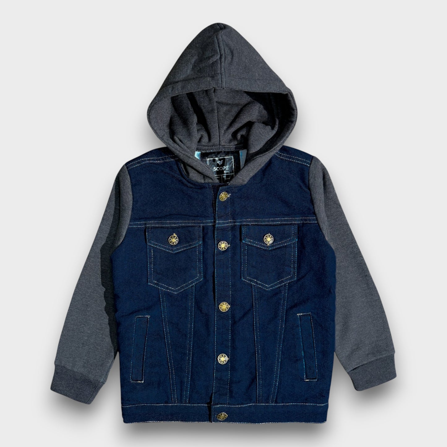 Denim Jacket with Fleece Sleeves & Hood (Fur Lined)-Charcoal|Dark Wash