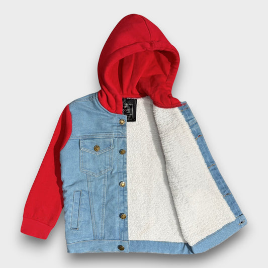Denim Jacket with Fleece Sleeves & Hood (Fur Lined)-Red|Light Wash