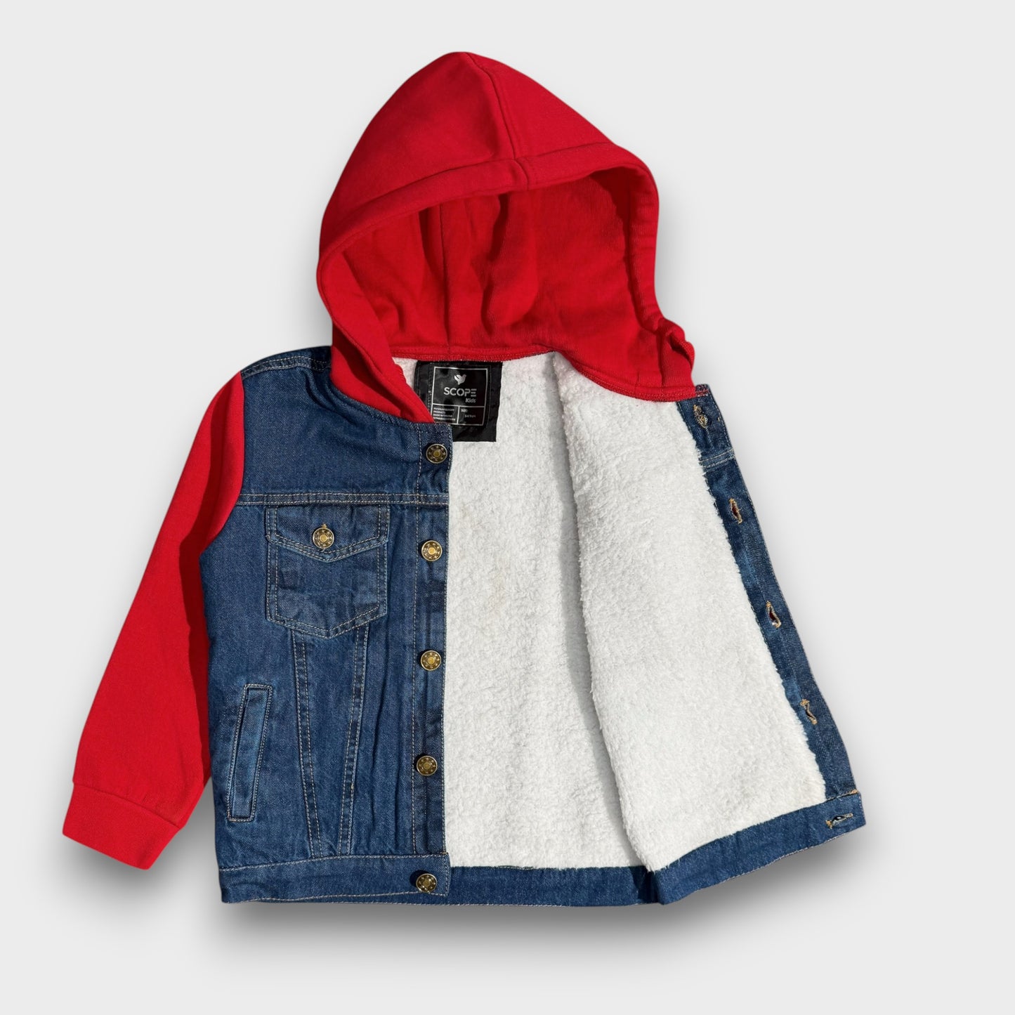 Denim Jacket with Fleece Sleeves & Hood (Fur Lined)-Red|Medium Wash