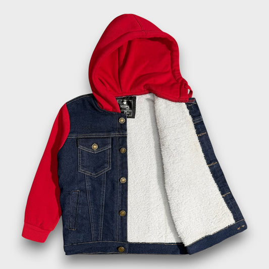 Denim Jacket with Fleece Sleeves & Hood (Fur Lined)-Red|Dark Wash