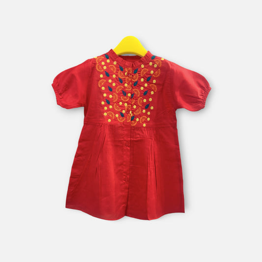 Lemon Embroidered Red Top